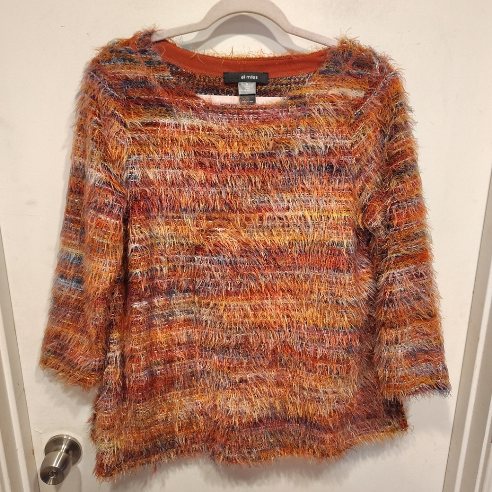 Ali Miles Multicolor Stripe Eyelash Knit 3/4 Sleeve Tunic Sweater Top Sz M Artsy